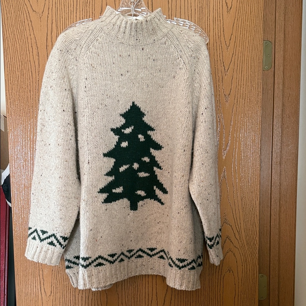 Vintage Eddie Bauer Cozy Cream Wool Sweater with Green Tree Design